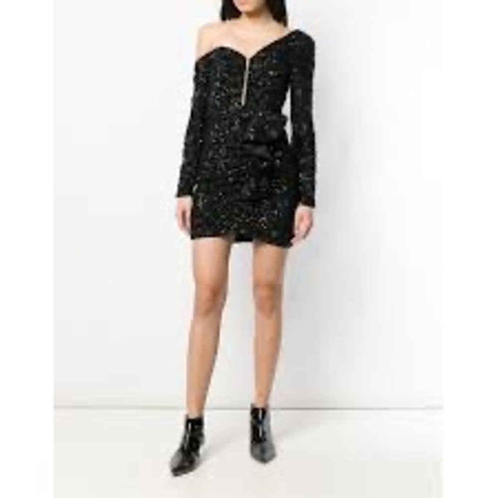Self-Portrait Glam Sequin Off Shoulder Ruffle Mini Dress Black Size 0